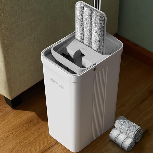 JOYMOOP Juego de trapeador y cubo con escurridor para el hogar, juego de cubo de fregona plano blanco para limpieza de suelos y limpiador de paredes con mango largo, con 3 almohadillas de microfibra
