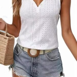 Camiseta sin mangas con ojales bordados con botones para mujer, camisetas casuales con cuello en V, blusa suelta a la moda