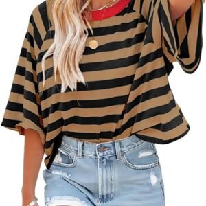 Dokotoo Tops para mujer, a rayas, a la moda, camisetas para mujer, diseño de bloqueo de color, camiseta básica suelta
