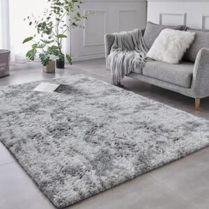 TABAYON - Alfombra de felpa suave de 7x10 pies, antideslizante, moderna, de pelo largo sintético para interiores, decoración del hogar, habitación del bebé, sala de estar, teñido anudado gris claro