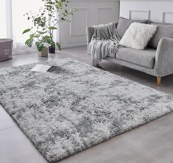 TABAYON - Alfombra de felpa suave de 7x10 pies, antideslizante, moderna, de pelo largo sintético para interiores, decoración del hogar, habitación del bebé, sala de estar, teñido anudado gris claro