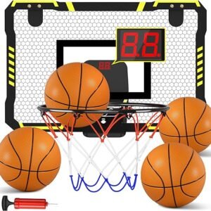 Tusivo Aro de baloncesto para interiores, mini aro de baloncesto con 4 bolas y marcador electrónico para niños y adultos, juguetes de baloncesto para niños de 5 a 12 años, ideal para dormitorio,