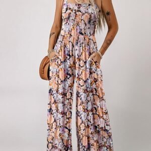 Dokotoo Overol casual suelto de una pieza para mujer, sin mangas, estampado de pierna ancha, pantalón largo con bolsillos