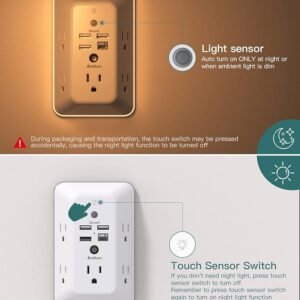 Protector de sobretensión, extensor de enchufe múltiple con luz nocturna para el hogar, oficina, escuela, divisor de 5 salidas Addtam y 4 puertos USB (1 USB C), cargador de pared, listado ETL