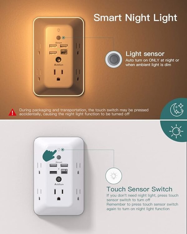 Protector de sobretensión, extensor de enchufe múltiple con luz nocturna para el hogar, oficina, escuela, divisor de 5 salidas Addtam y 4 puertos USB (1 USB C), cargador de pared, listado ETL