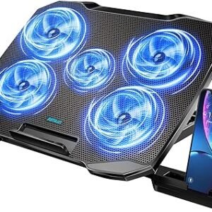 Almohadilla de enfriamiento para laptop, soporte enfriador para laptop de 12 a 15.6 pulgadas, 5 ventiladores silenciosos, soporte de enfriamiento ajustable de 5 ángulos (negro)