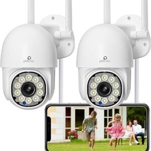 PEKNIU 2 cámaras de seguridad para exteriores con visión nocturna a color de 4MP/2K, cámara de vigilancia giratoria con cable de 355° 2.4 y 5G WiFi con foco, detección de movimiento, conversación de 2