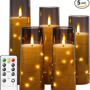 Velas LED sin llama con temporizador, 5 velas parpadeantes sin llama para ambiente romántico y decoración del hogar, carcasa acrílica duradera, con cuerda de estrella incrustada, velas a pilas