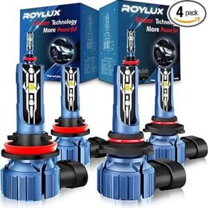 ROYLUX - Bombillas led antiniebla H11/H9/H8 de haz bajo, 9005/HB3 de haz alto, brillo de 350%, 6,000 K, color blanco frío, tamaño pequeño, paquete de 4