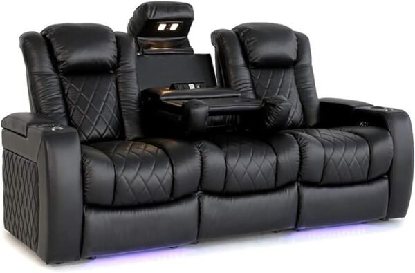 Valencia Tuscany - Asiento de cine en casa, piel de napa italiana de grano superior 11000, reposacabezas eléctrico, soporte lumbar eléctrico, con consola central desplegable (fila de 3, negro) - Image 2