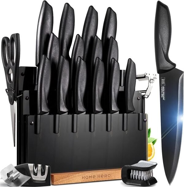 Home Hero Juego de 20 cuchillos de cocina, juego de cuchillos de chef y cuchillos de carne, colección de diseño profesional, cuchillos de acero inoxidable de alto carbono afilados con asas ergonómicas