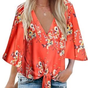 Bluetime - Camisetas de verano para mujer, estilo bohemio, manga de 3/4, cuello en V, con lazo frontal, blusas informales florales