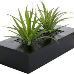 MyGift Plantas de césped verde artificial de 10 pulgadas en maceta decorativa de madera negra, vegetación sintética en recipiente rectangular de madera para decoración de centro de mesa
