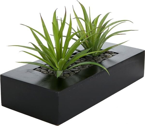 MyGift Plantas de césped verde artificial de 10 pulgadas en maceta decorativa de madera negra, vegetación sintética en recipiente rectangular de madera para decoración de centro de mesa