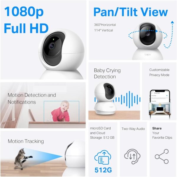 TP-Link Tapo Smart Pan/Tilt Indoor Security Camera, 360° Motion Tracking, 1080p Full HD WiFi Camera for Pet/Baby, Night Vision, 2-Way Audio, 128 GB Local Storage, Works w/Alexa & Google (Tapo C200) - Image 5