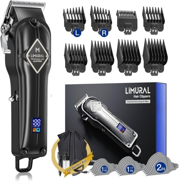 Limural PRO Hair Clippers for Men - Professional Barber Clippers for Hair Cutting, Cordless Mens Hair Trimmer with Taper Lever, 11 Guards, LED Display and Metal Casing, Complete Haircutting Kits for Fading & Blending (Matt Black)
