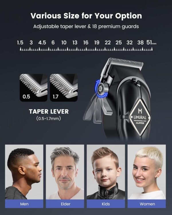 Limural PRO Hair Clippers for Men - Professional Barber Clippers for Hair Cutting, Cordless Mens Hair Trimmer with Taper Lever, 11 Guards, LED Display and Metal Casing, Complete Haircutting Kits for Fading & Blending (Matt Black) - Image 7