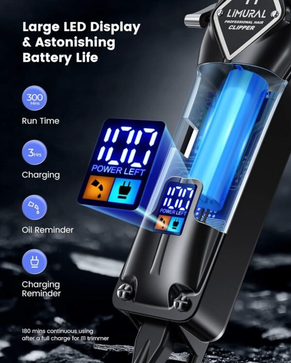 Limural PRO Hair Clippers for Men - Professional Barber Clippers for Hair Cutting, Cordless Mens Hair Trimmer with Taper Lever, 11 Guards, LED Display and Metal Casing, Complete Haircutting Kits for Fading & Blending (Matt Black) - Image 6