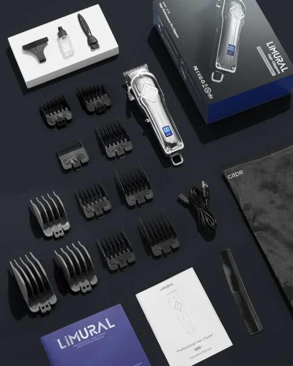 Limural PRO Hair Clippers for Men - Professional Barber Clippers for Hair Cutting, Cordless Mens Hair Trimmer with Taper Lever, 11 Guards, LED Display and Metal Casing, Complete Haircutting Kits for Fading & Blending (Matt Black) - Image 4