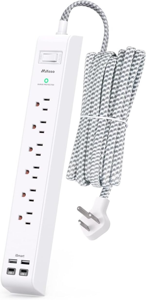 Regleta protectora de sobretensiones de 10 pies con 4 puertos USB, 2 salidas USB-C 6 CA, cable de extensión de enchufe plano, estación de carga USB, montaje en pared para el hogar, oficina, artículos