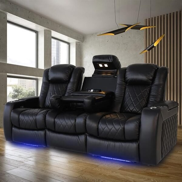Valencia Tuscany - Asiento de cine en casa, piel de napa italiana de grano superior 11000, reposacabezas eléctrico, soporte lumbar eléctrico, con consola central desplegable (fila de 3, negro) - Image 4