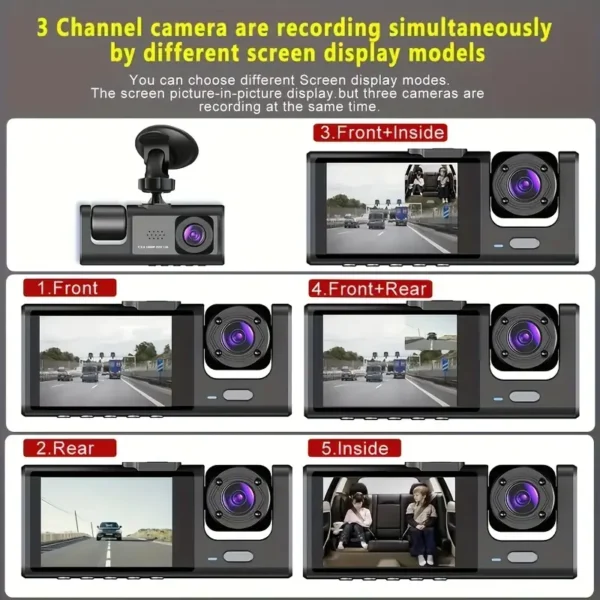 3-Channel Dash Cam with 1080P IR Night Vision, Loop Recording, and 2 IPS Screen - Protect Your Car with Enhanced Security - Image 3