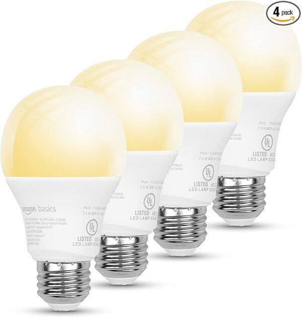 Bombilla LED inteligente A19, Wi-Fi de 2.4 GHz, 7.5 W (equivalente a 60 W) 800 LM, 2700 K, funciona solo con Alexa, paquete de 4, blanco suave regulable