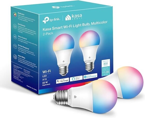 Kasa - Bombilla inteligente regulable, wifi con cambio de color, compatible con Alexa y Google Home, A19, 9 W, 800 lúmenes, solo 2.4 Ghz, no requiere hub.