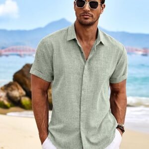 Camisas de lino para hombre, camisas casuales de manga corta con botones para hombre, camisa de playa de verano para boda