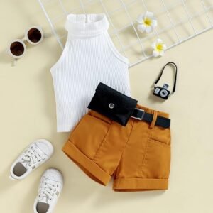 AMMENGBEI Conjunto de 2 piezas de ropa de verano para niña pequeña, sin mangas, de punto acanalado, con cuello halter, pantalones cortos