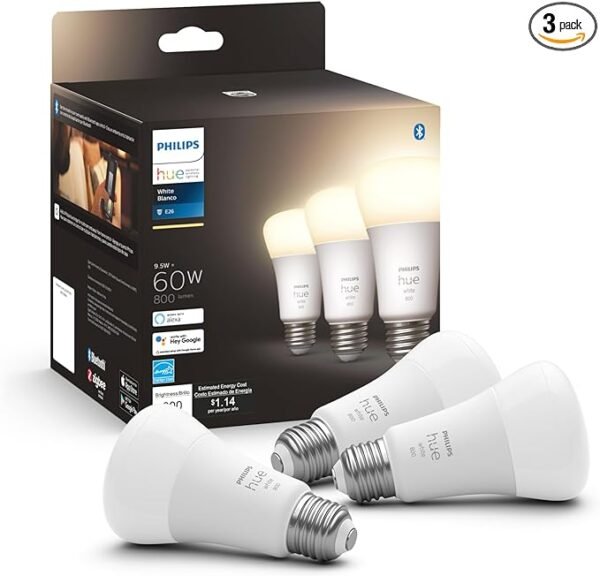 Philips Hue Bombilla LED inteligente A19 de 60 W, color blanco, paquete de 3, 800 lúmenes, E26, interior, control con aplicación Hue, compatible con Alexa, Google Assistant y Apple Homekit