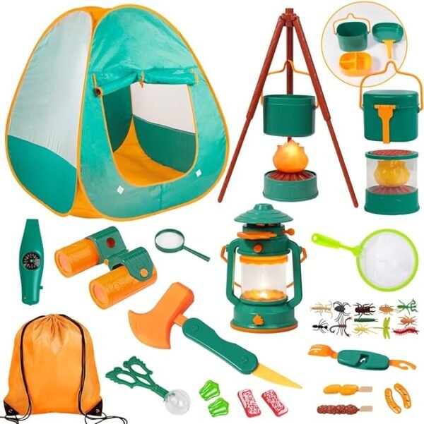 Meland Juego de campamento para niños con tienda de campaña, juguetes para niños con fogata, juguetes de campamento para niños en interiores y exteriores, idea de regalo para niños de 3, 4, 5, 6 años,