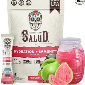 Salud - Polvo de electrolitos de hidratación e inmunidad 2 en 1, guayaba, 15 porciones, mezcla de bebida Guayaba Agua Fresca, saúco, sin lácteos y soja, sin OMG, sin gluten, vegana, baja en calorías,