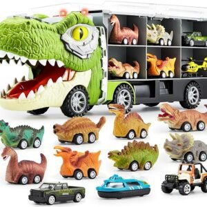JOYIN Juguetes de dinosaurio 13 en 1 para niños de 3 a 5 años, camión de dinosaurios con 12 autos de tracción hacia atrás, juego de autos de dinosaurio, juguetes de regalo de cumpleaños para niños