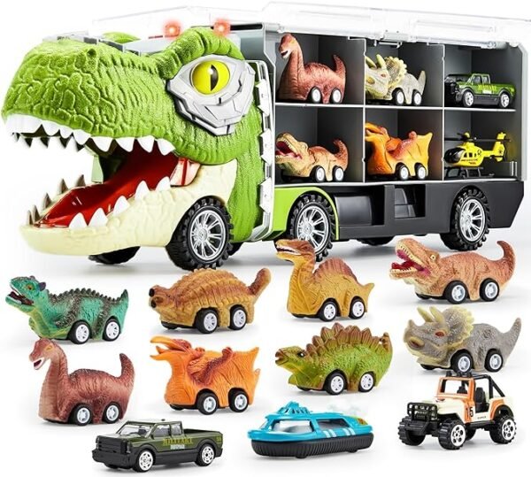 JOYIN Juguetes de dinosaurio 13 en 1 para niños de 3 a 5 años, camión de dinosaurios con 12 autos de tracción hacia atrás, juego de autos de dinosaurio, juguetes de regalo de cumpleaños para niños