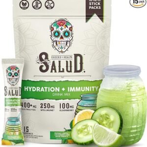 Salud 2 en 1 electrolitos de hidratación e inmunidad en polvo, pepino y lima, 15 porciones, mezcla de bebida Agua Fresca, saúco, sin lácteos y soja, sin OMG, sin gluten, vegano, bajo en calorías, 0.04