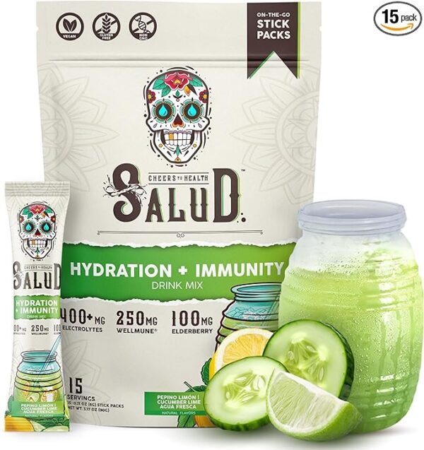 Salud 2 en 1 electrolitos de hidratación e inmunidad en polvo, pepino y lima, 15 porciones, mezcla de bebida Agua Fresca, saúco, sin lácteos y soja, sin OMG, sin gluten, vegano, bajo en calorías, 0.04