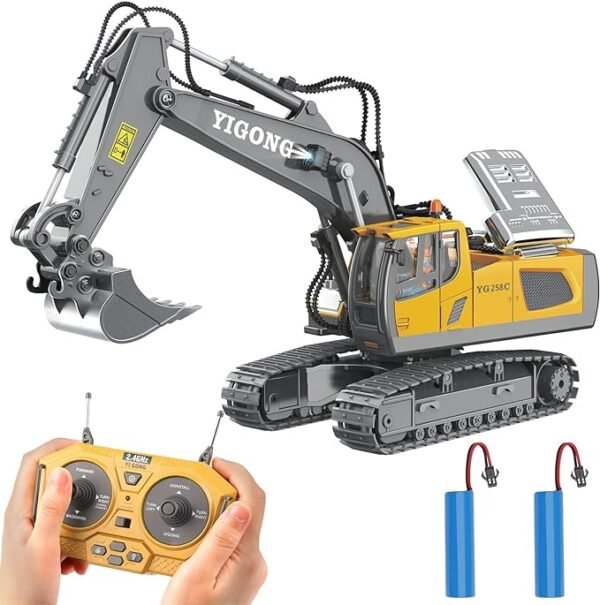 PREPOP Excavadora de juguete a control remoto para niños de 6 a 12 años, el mejor regalo de cumpleaños para niños de 4 a 7 8 9 10 11 años, juguetes de construcción RC con pala de metal, luces, sonidos
