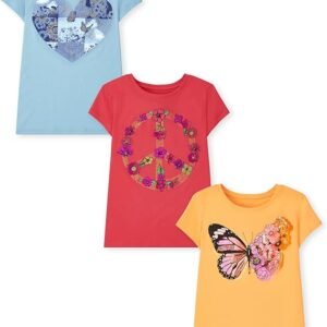 The Children's Place Paquete de 3 camisetas gráficas de manga corta multicolor para niñas