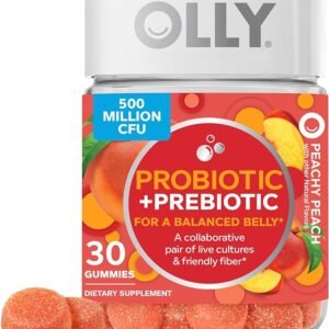 OLLY - Gomitas de probióticos + prebióticos que apoyan la salud digestiva e intestinal, 500 millones de unidades formadoras de colonias, fibra, suplemento masticable para adultos, hombres y mujeres, sabor melocotón, suministro para 30 días, 30 unidades