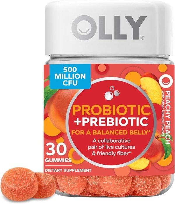 OLLY - Gomitas de probióticos + prebióticos que apoyan la salud digestiva e intestinal, 500 millones de unidades formadoras de colonias, fibra, suplemento masticable para adultos, hombres y mujeres, sabor melocotón, suministro para 30 días, 30 unidades