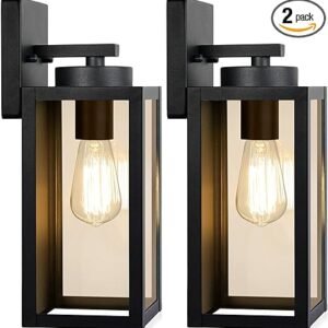 Lámparas de pared para exteriores, faroles impermeables exteriores, apliques de porche, iluminación montada en pared con enchufes E26 y pantallas de vidrio, lámparas de pared modernas de color negro