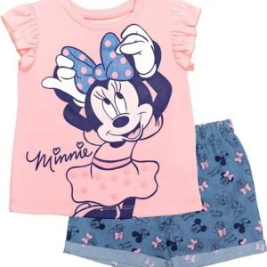 Disney Minnie Mouse - Conjunto de camiseta y pantalones cortos de sarga para el 4 de julio con diseño floral arcoíris para niños grandes (12 meses - 14-16)