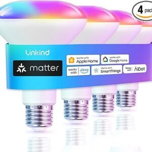 Linkind Matter BR30 Bombillas inteligentes, bombillas LED RGBTW que cambian de color, bombillas de inundación E26 650LM 60W bombillas empotrables, bombillas inteligentes funcionan con Google Home