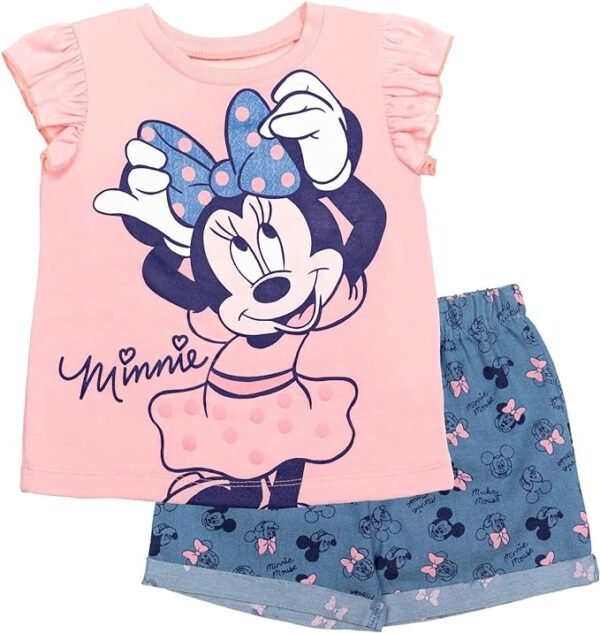 Disney Minnie Mouse - Conjunto de camiseta y pantalones cortos de sarga para el 4 de julio con diseño floral arcoíris para niños grandes (12 meses - 14-16)