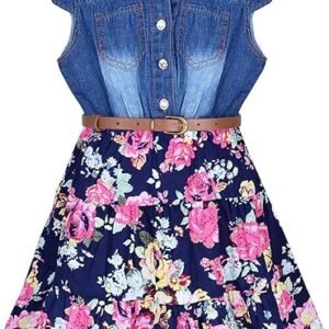 YJ.GWL vestido amplio floral con cinturón, para niña, Azul