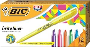 BIC Brite Liner - Resaltadores, punta de cincel, paquete de 12 resaltadores de colores surtidos, juego de resaltadores ideal para organizar y colorear