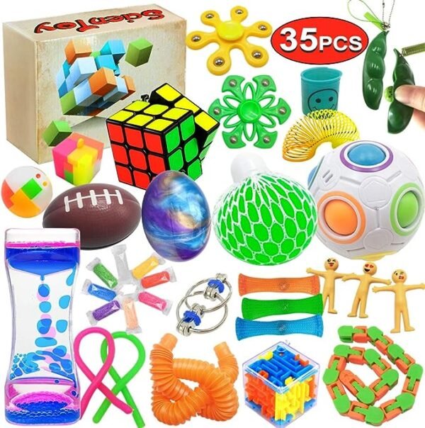 Juguetes Scientoy para inquietud, 35 piezas, juguete sensorial para déficit de atención, trastorno obsesivo-compulsivo, niños autistas, adultos, ansiedad, autismo, para aliviar el estrés y antiansiedad, con temporizador de movimiento, perfecto para recompensa de aula, con caja de regalo