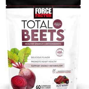 Force Factor Total Beets - Masticables suaves con remolacha, nitratos, L-citrulina, extracto de semilla de uva y antioxidantes, suplemento energético saludable con ingredientes de élite, superalimento