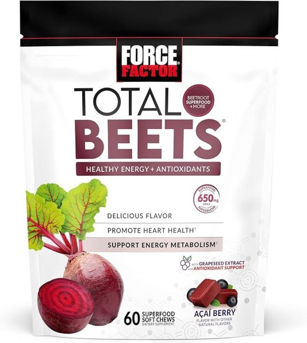 Force Factor Total Beets - Masticables suaves con remolacha, nitratos, L-citrulina, extracto de semilla de uva y antioxidantes, suplemento energético saludable con ingredientes de élite, superalimento